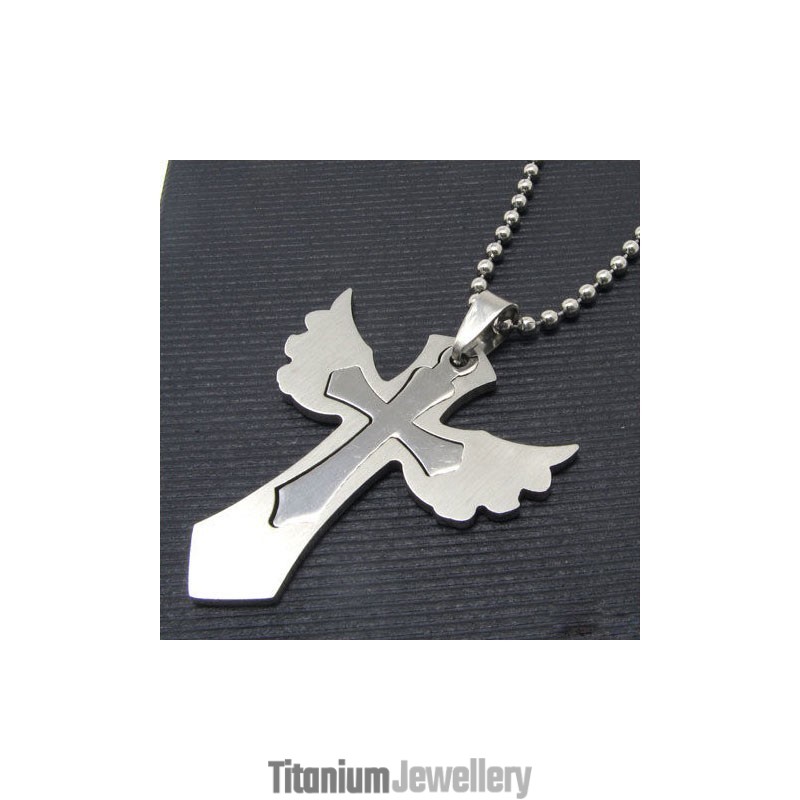 Man 2 Layer Wing Cross Pure Titanium Cross Necklace Pendant Man 2 Layer Wing Cross Pure Titanium Cross Necklace Pendant