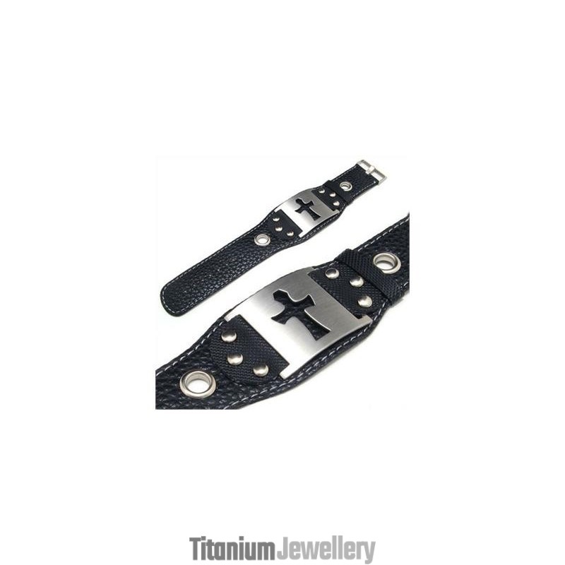 Mens Boys Pure Titanium Leather Cross Bracelet Bangle