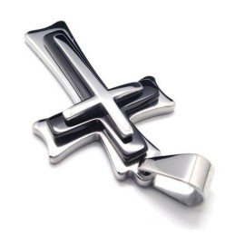 Men Black Silver Pure Titanium Cross Pendant Necklace