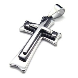 Men Black Silver Pure Titanium Cross Pendant Necklace
