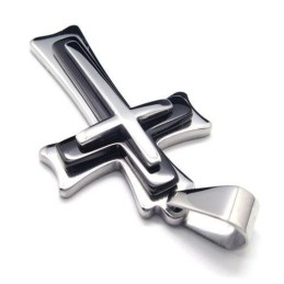 Men Black Silver Pure Titanium Cross Pendant Necklace