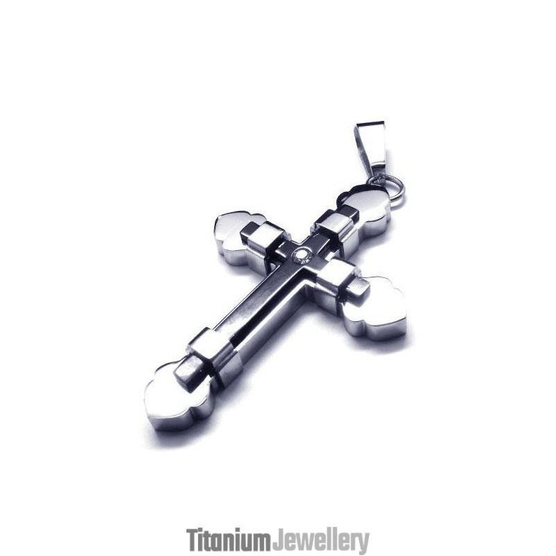 Men Black Silver Pure Titanium Cross Necklace Pendant