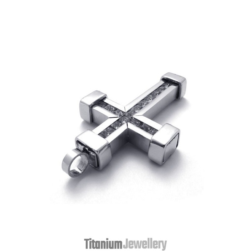 Titanium Cross Pendant With White Zircons