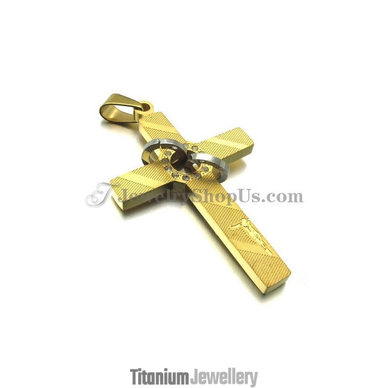 Cross Gold Titanium Pendant With Circles Rhinestones