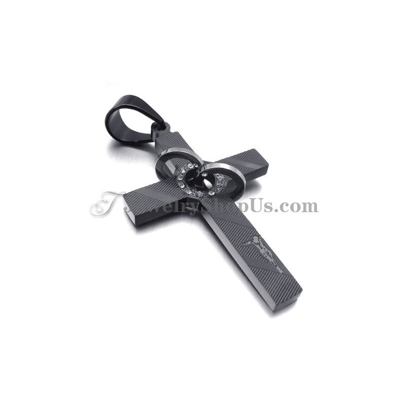 Cross Black Titanium Pendant With Circles Rhinestones