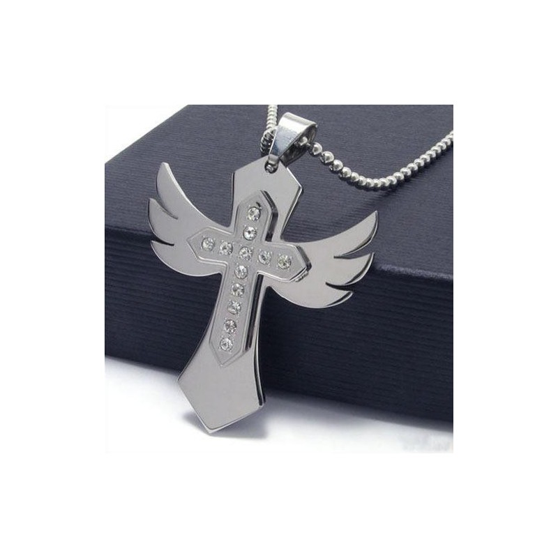 Mens Silver Pure Titanium Cross Necklace Wing Pendant Mens Silver Pure Titanium Cross Necklace Wing Pendant