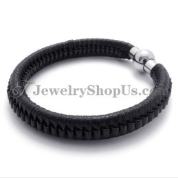 Elegant Black Titanium And Leather Bracelet