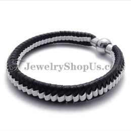Elegant Black And White Titanium Leather Bracelet
