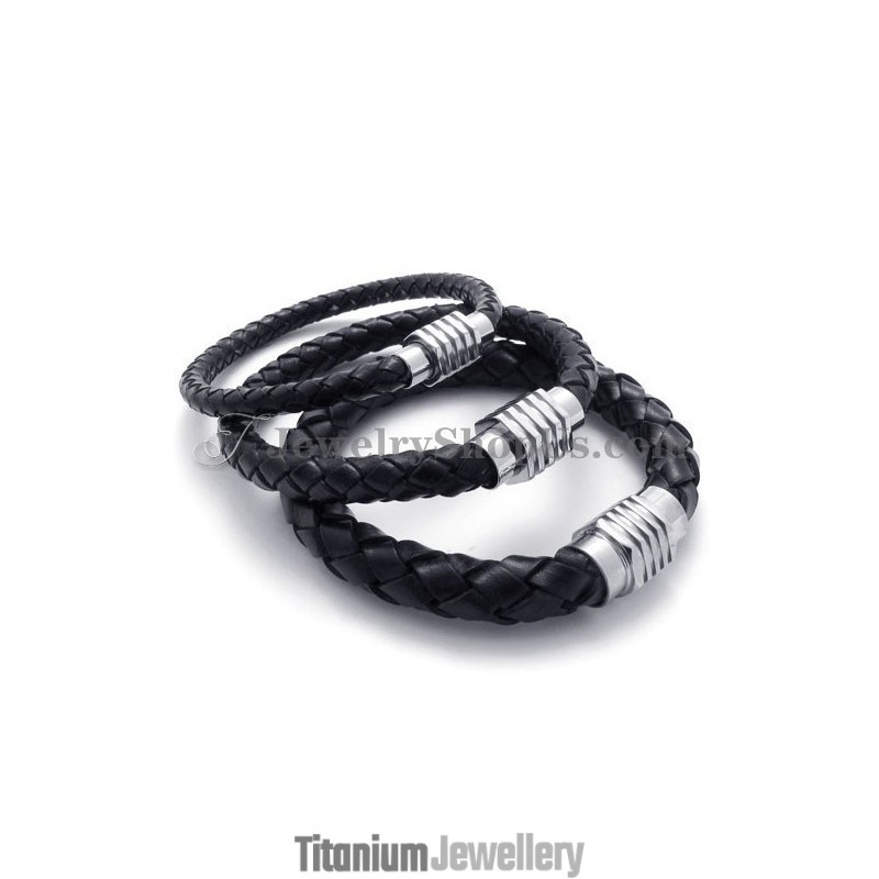 Elegant Black Titanium And Leather Bracelet