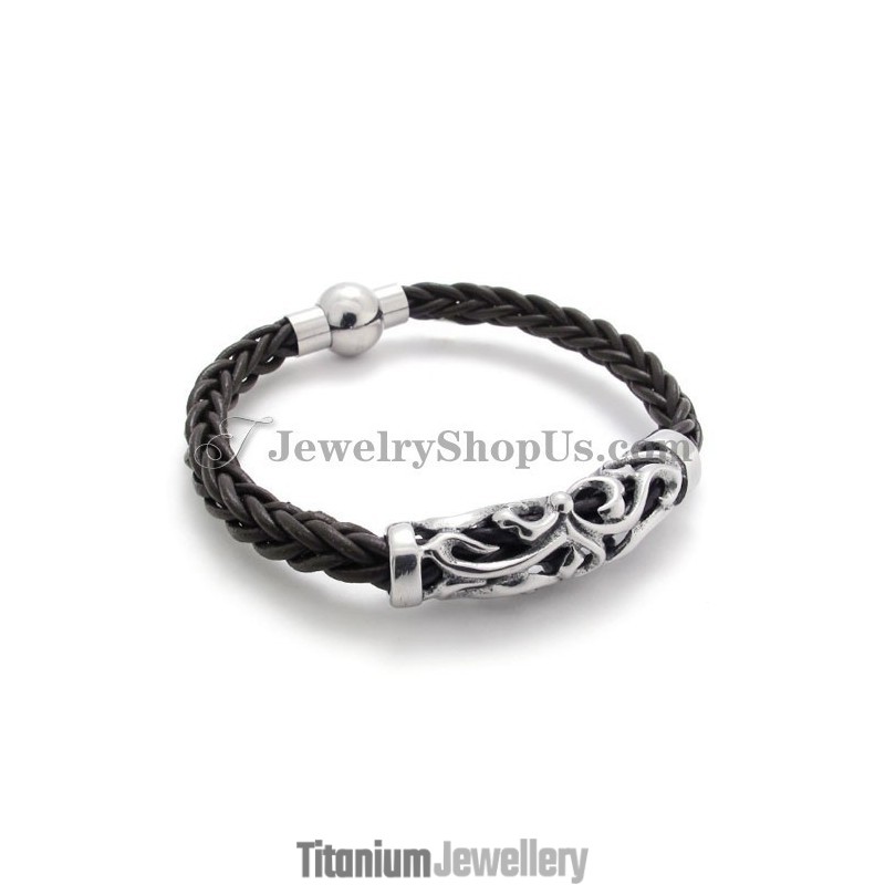 Elegant Black Leather Titanium Bracelet Elegant Black Leather Titanium Bracelet