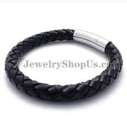 Fashion Black Leather And Titanium Bracelet