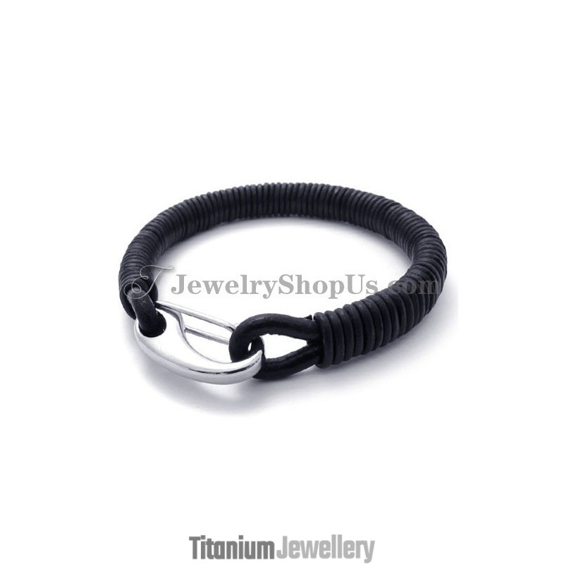 Fashion Black Leather Titanium Bracelet