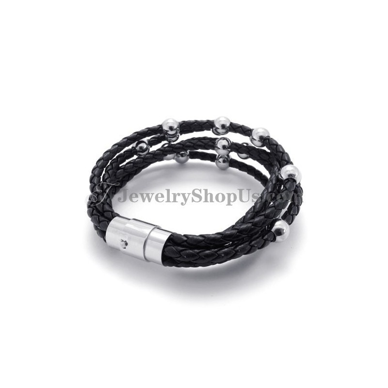 Fashion Black Leather With Titanium Bracelet Fashion Black Leather With Titanium Bracelet