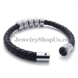 Fashion Black Leather And Titanium Bracelet