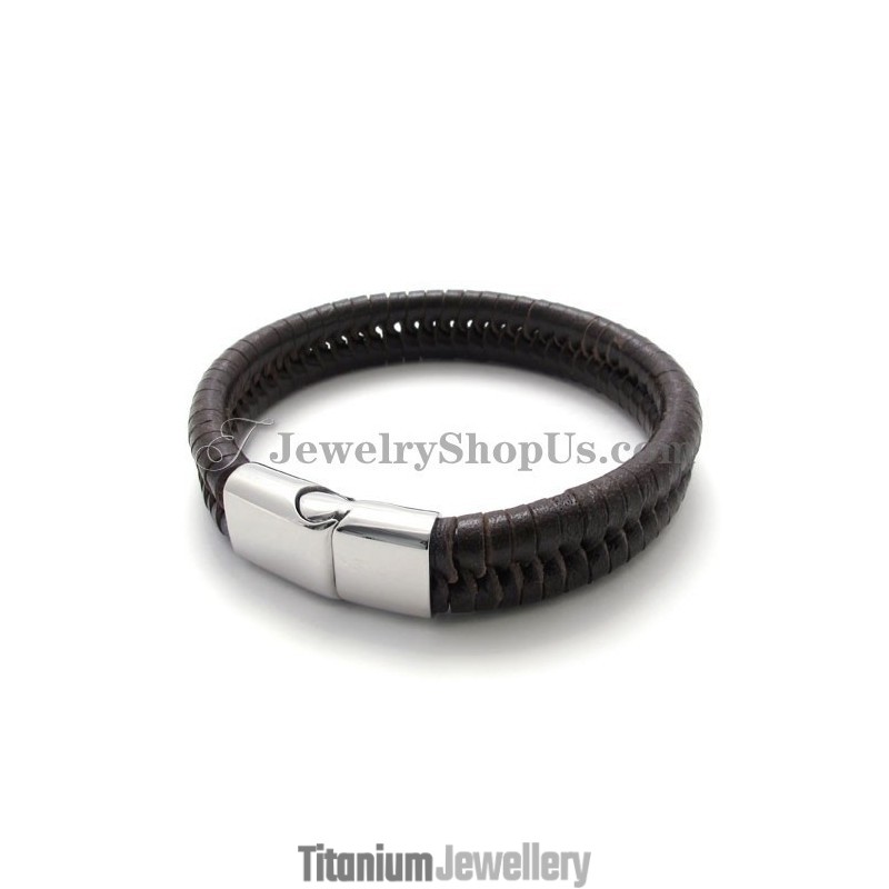 Elegant Brown Titanium With Leather Bracelet Elegant Brown Titanium With Leather Bracelet