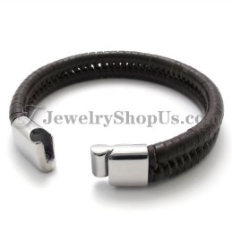 Elegant Brown Titanium With Leather Bracelet
