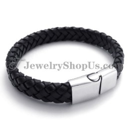 Elegant Black Titanium With Leather Bracelet