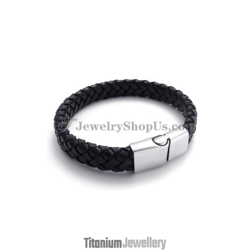 Elegant Black Titanium With Leather Bracelet Elegant Black Titanium With Leather Bracelet
