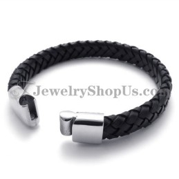 Elegant Black Titanium With Leather Bracelet
