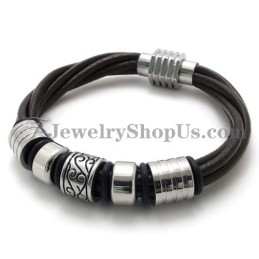 Fashion Brown Leather And Titanium Bracelet