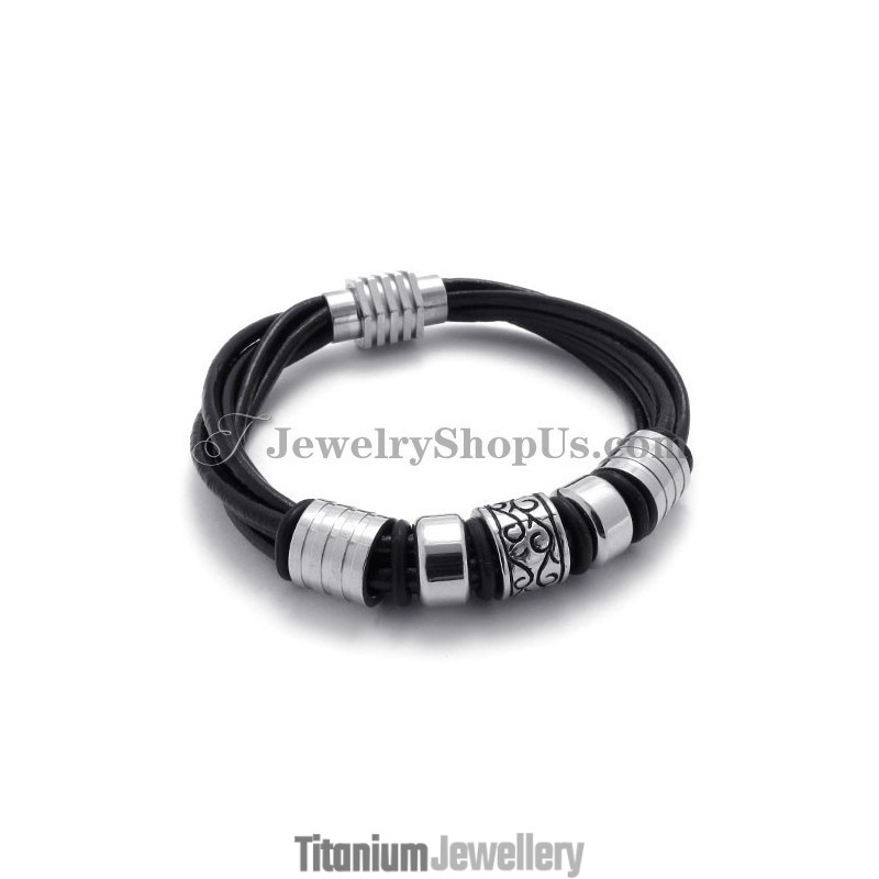 Elegant Black Leather And Titanium Bracelet Elegant Black Leather And Titanium Bracelet