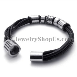 Elegant Black Leather And Titanium Bracelet