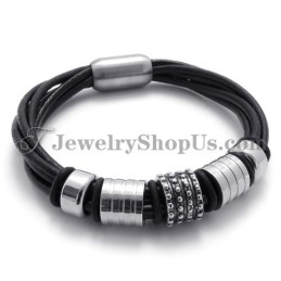 Elegant Black Leather With Titanium Bracelet