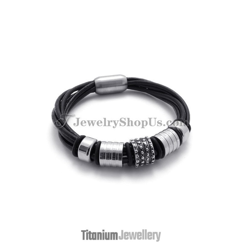 Elegant Black Leather With Titanium Bracelet