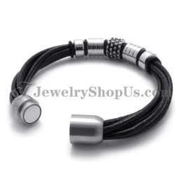 Elegant Black Leather With Titanium Bracelet