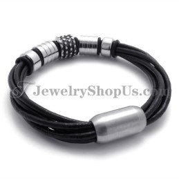 Elegant Black Leather With Titanium Bracelet