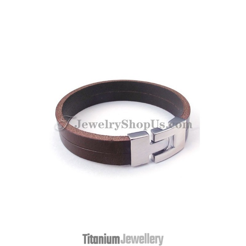 Fashion Brown Leather Bracelet With Titanium