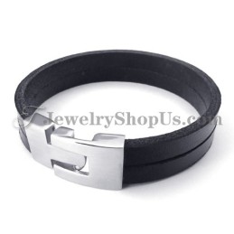 Elegant Black Leather Bracelet With Titanium