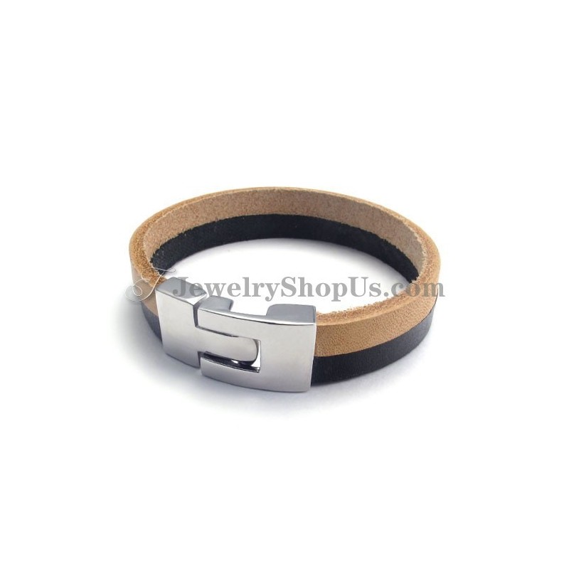 Elegant Black And Brown Leather Bracelet With Titanium Elegant Black And Brown Leather Bracelet With Titanium