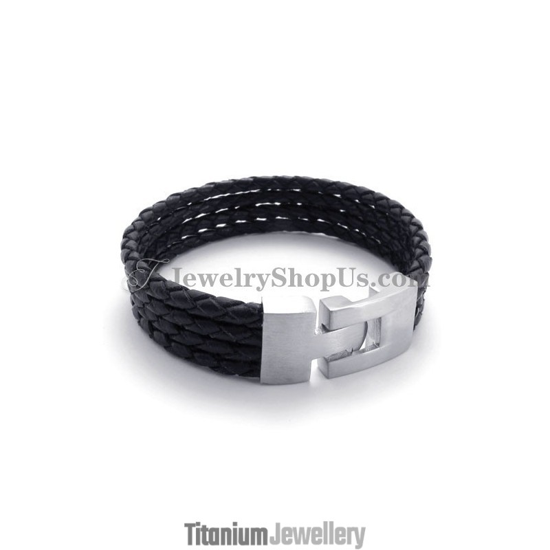 Elegant Black Leather And Titanium Bracelet