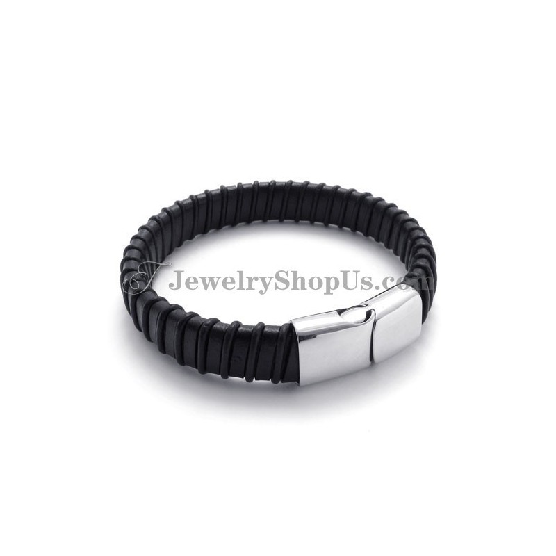 Gorgeous Black Titanium With Leather Bracelet