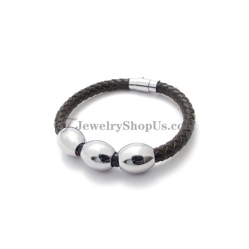 Fashion Brown Leather Titanium Bracelet