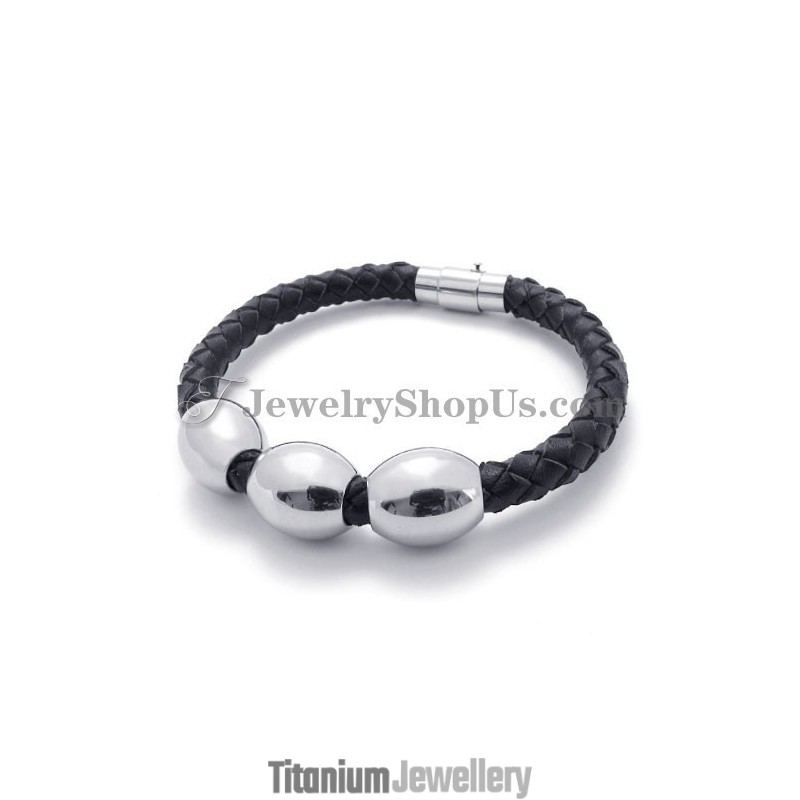 Fashion Black Leather Titanium Bracelet