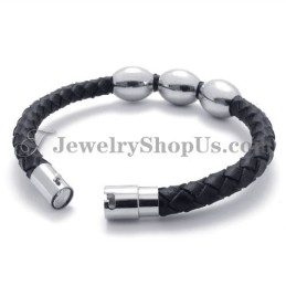 Fashion Black Leather Titanium Bracelet
