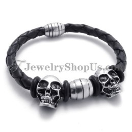 Elegant Leather With Titanium Skulls Bracelet