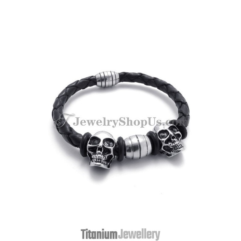 Elegant Leather With Titanium Skulls Bracelet Elegant Leather With Titanium Skulls Bracelet