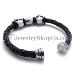 Elegant Leather With Titanium Skulls Bracelet