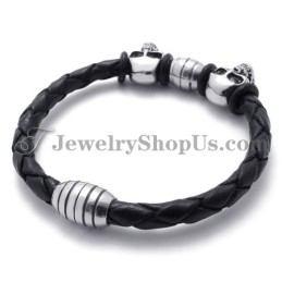 Elegant Leather With Titanium Skulls Bracelet