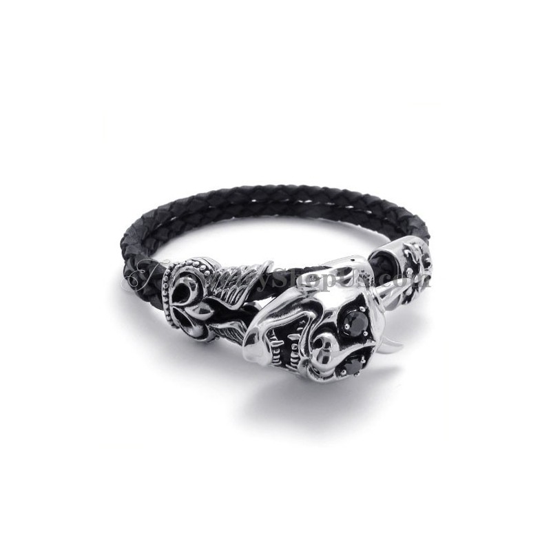 Fashion Black Leather With Titanium Bracelet